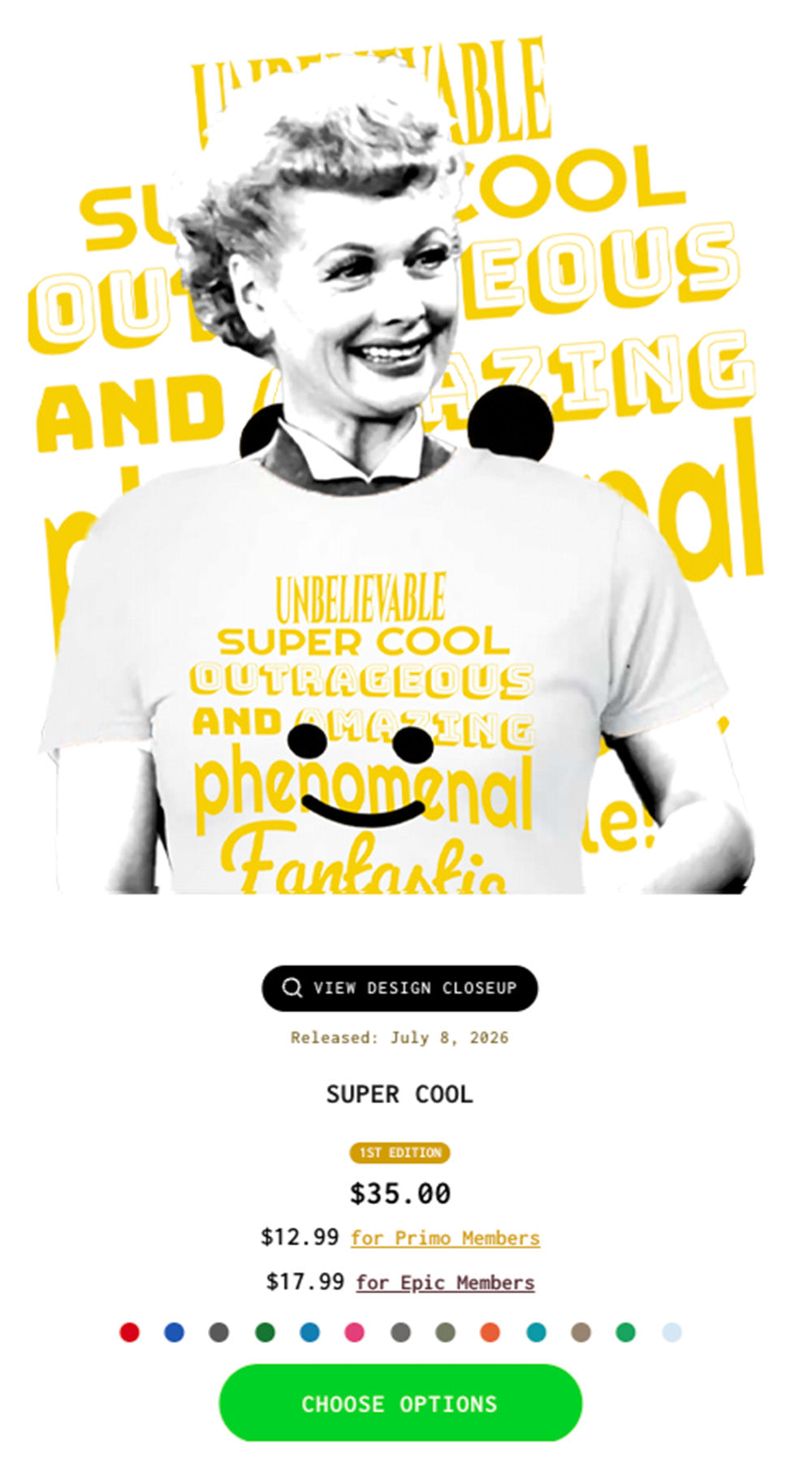 A Knowing Look shirt card for the Super Cool design, 1st Edition, showing the $35.00 list price and the member prices: $12.99 for Primo Members and $17.99 for Epic Members.